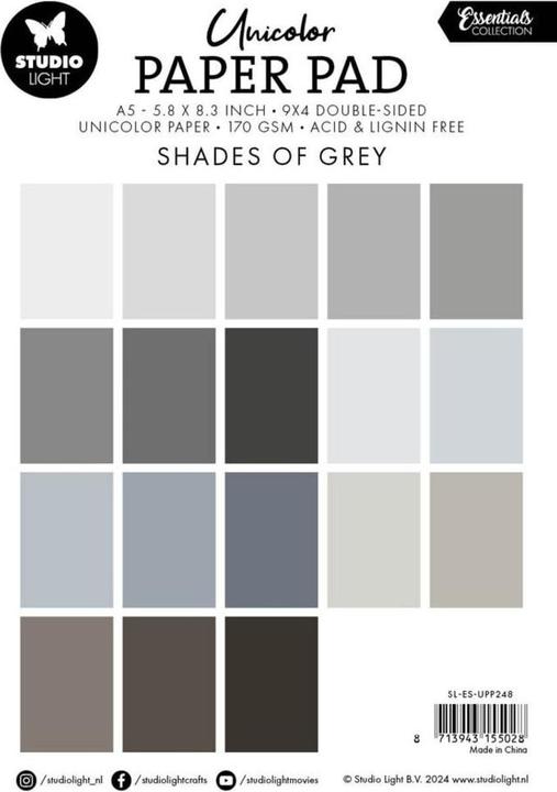 Valeurs nutritives et ingrédients art by marlene Unicolor Bloc de papier "Shades of Grey" 36 Feuilles Essentials (18 g/m², 36 x)