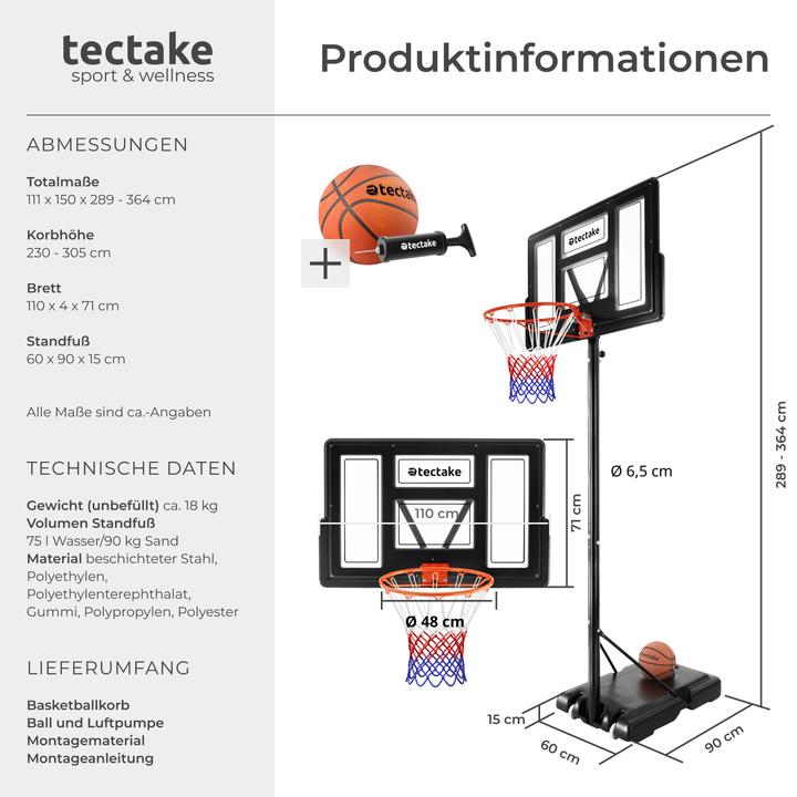 Produktbild tectake Basketballkorb Dirk, Korbhöhe 234 - 302 cm, mit Ball & Pumpe