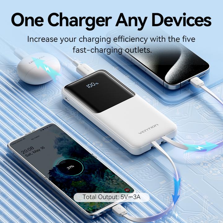 Actual product image Vention 10000mAh Power Bank (Micro-USB + USB-C + USB-A + USB-A) with Built-in USB-C and Lightning Cables 22. (10000 mAh, 37 Wh)