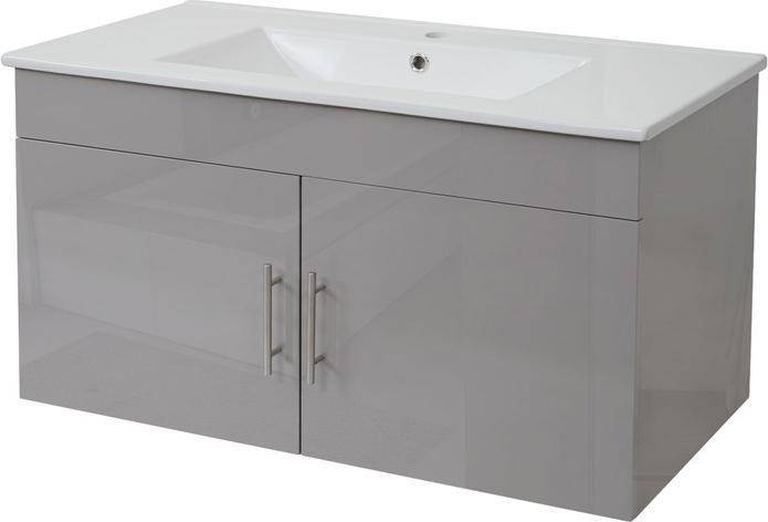 Mendler Washbasin + vanity unit, washbasin, high-gloss 90cm - grey