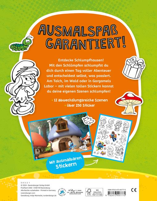 Produktbild Ravensburger Mein Ausmalstickerbuch Die Schlümpfe – Grosses Buch mit über 250 Stickern, viele