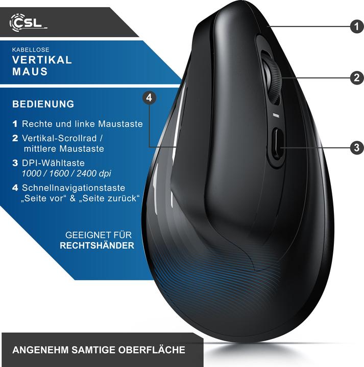 Produktbild CSL ergonomische Maus, Funk, Vertikal, optisch, kabellos, 2,4Ghz & Bluetooth, Armschonend, 2400 dpi (Kabellos)