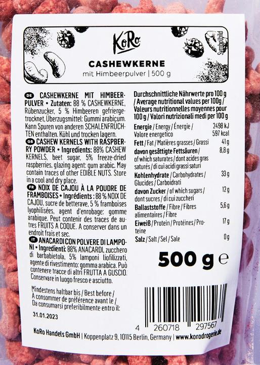 Valeurs nutritives et ingrédients KoRo Noix de cajou avec poudre de framboise (500 g)
