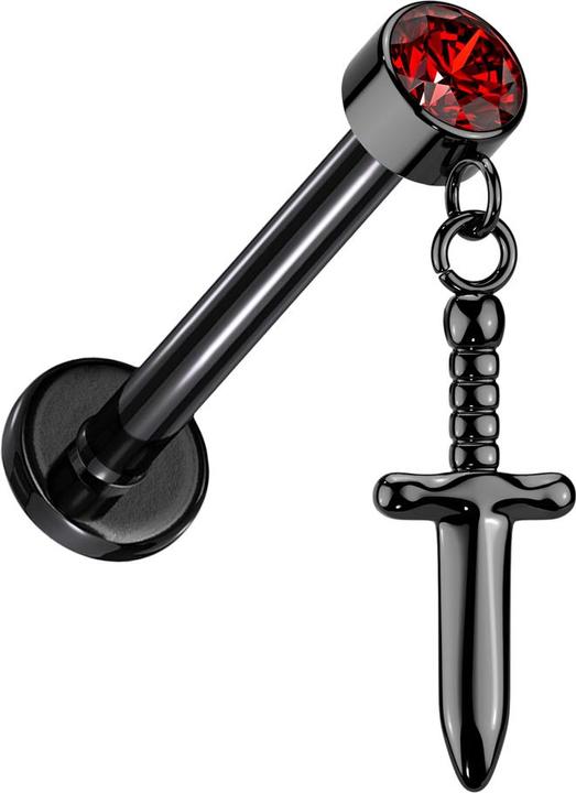 Produktbild Star Piercing Micro Labret Innengewinde schwarz Zylinder schwarz Kristall rot Anhänger Dolch schwarz (ohne Messing, Titan G23)
