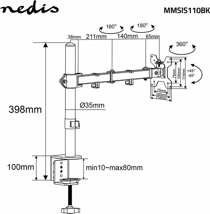 Actual product image Nedis Desk monitor holder | 1 screen(s) | 15 - 32 " | 75x75 / 100x100 | Fully movable (Table, 32")