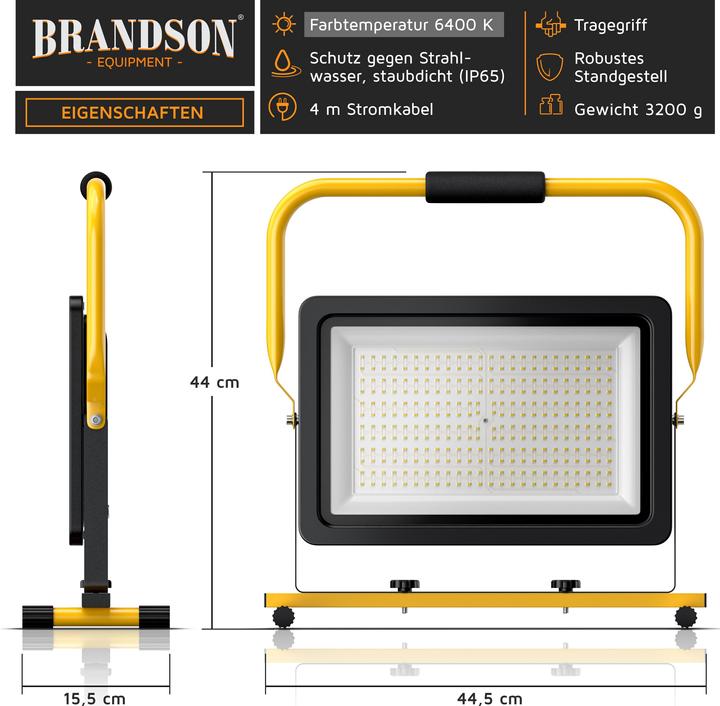 Produktbild Brandson Baustrahler, 200W, LED, Standgestell & Tragegriff, 16000 Lumen, Bauscheinwerfer, 4 m Kabel, IP65 (16000 lm)