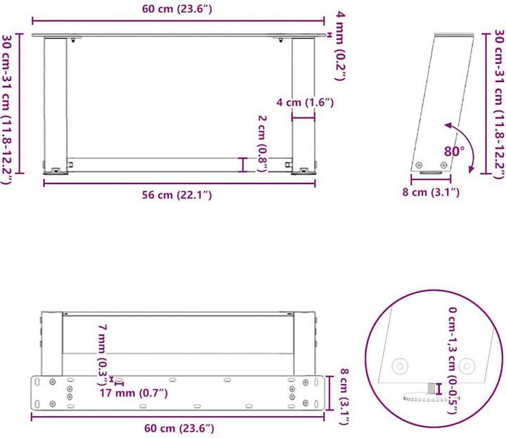 Image du produit VidaXL Pieds de table basse en U 2 pcs. Blanc 60x(30-31) cm Pied de table en acier