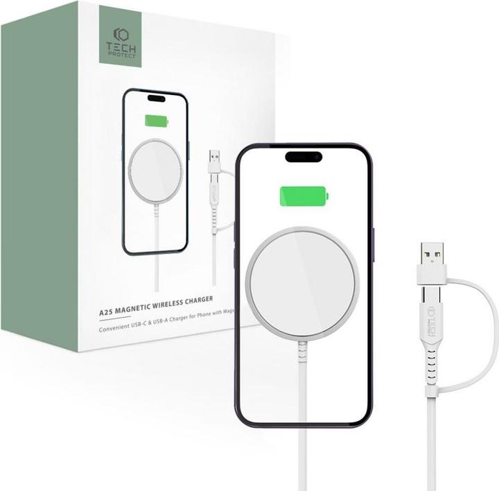 Produktbild Tech-Protect QI15W-A25 inductive MagSafe 15W charger with USB-A / USB-C cable - white (15 W)