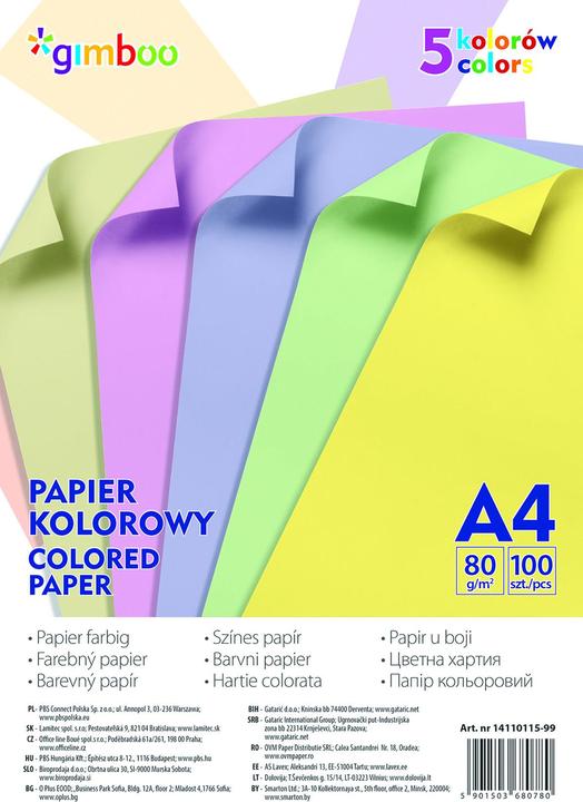 Image du produit Gimboo Papier couleur, a4, 100 feuilles, 80 g/m?, 5 couleurs pastel (80 g/m², 100 x)