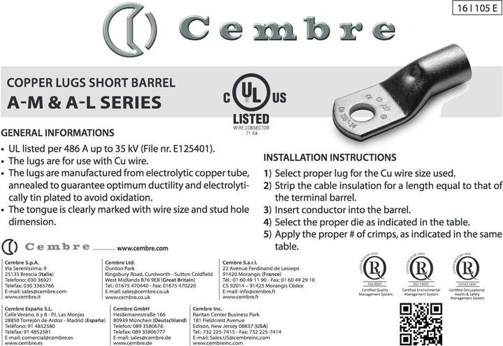 Produktbild Kalitec 10 Stück Cembre A5-L6 Rohrkabelschuh 90° gewinkelt 25mm² M6 unisoliert aus Kupfer verzinnt