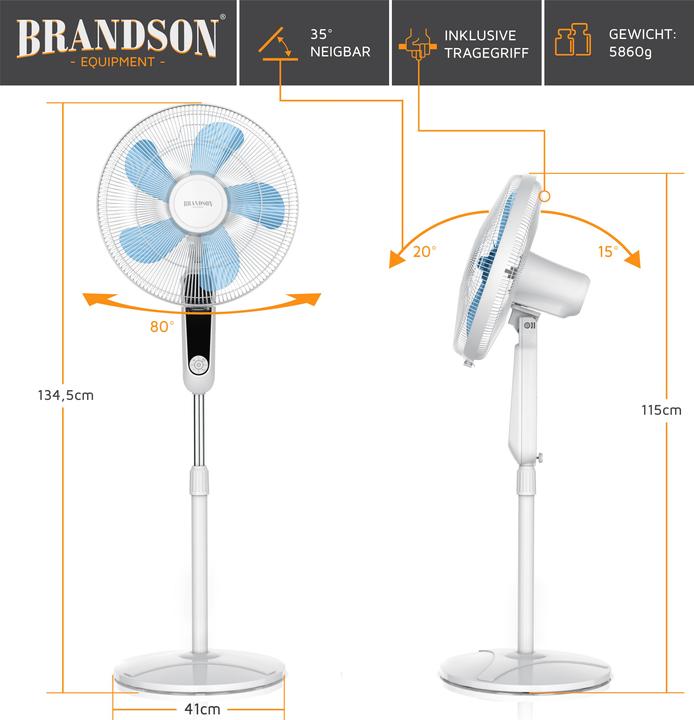 Produktbild Brandson Standventilator 45,5cm Ø, DC, leise, Fernbedienung, energiesparend, Oszillation, 25 Stufen, weiss (60 dB)