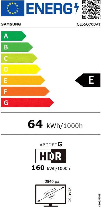 Energy Label Samsung TV QE55Q70DATXXH (55", Q70D, QLED, 4K)