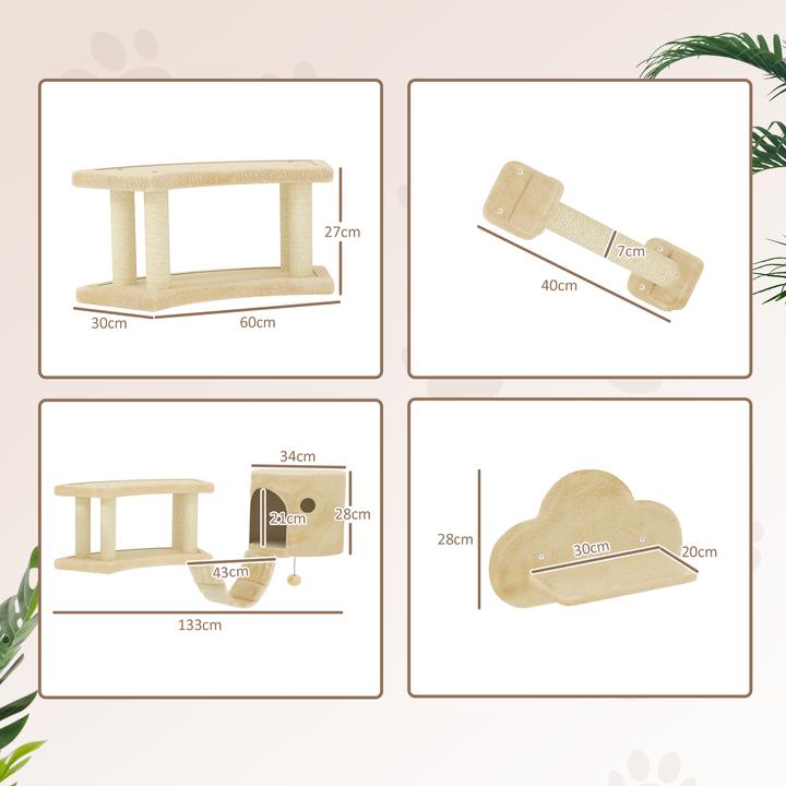 Produktbild PawHut Katzen Kletterwand Set Spanplatte, Plüsch Beige (54 cm, Beige+Cremeweiss)