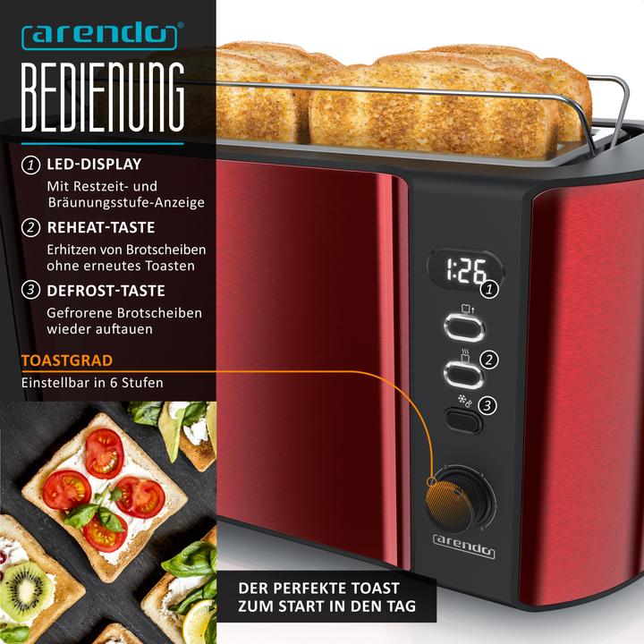 Produktbild Arendo Frühstücks Set, Edelstahl Wasserkocher 1,5l Temperaturwahl & 4-Scheiben Langschlitz Toaster, Rot (1.50 l)