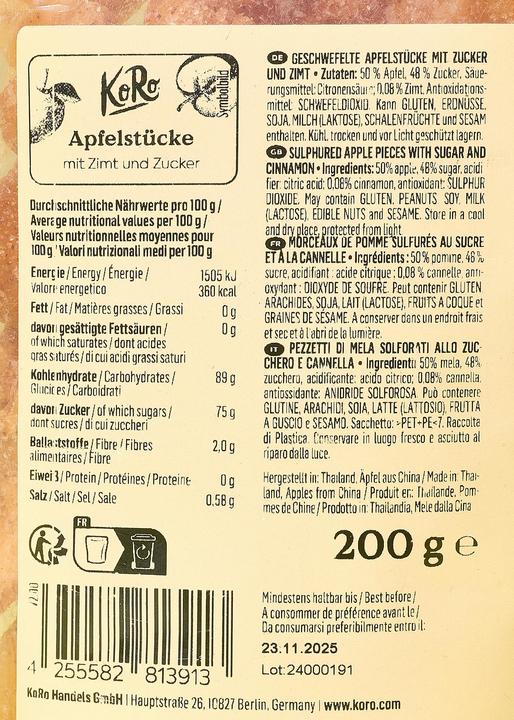 Nutritional values and ingredients KoRo Sulphurised apple pieces with sugar and cinnamon (200 g)