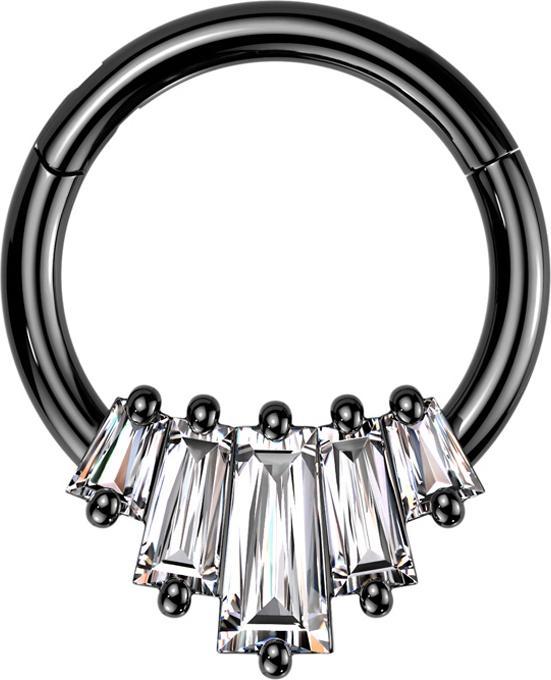 Produktbild Star Piercing Micro Segmentring klappbar schwarz fünf Kristalle Baguette (Messing, Chirurgenstahl 316L)