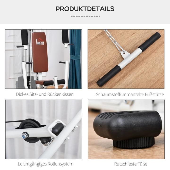 Produktbild Homcom Gym Kraftstation Multigym Fitnessgerät inkl. Gewichten Metall PU-Kunstleder Weiss 150x110x210cm