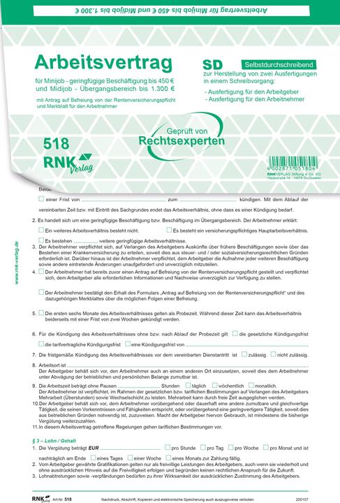 Image du produit Rnk Contrat de travail pour les travailleurs à temps partiel et à temps réduit, autocopiant (4 x)