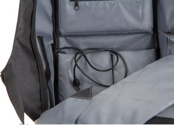 Actual product image Lightpak Backpack SAFEPAK, with USB charging port, anthracite Polyester, padded back, trolley strap