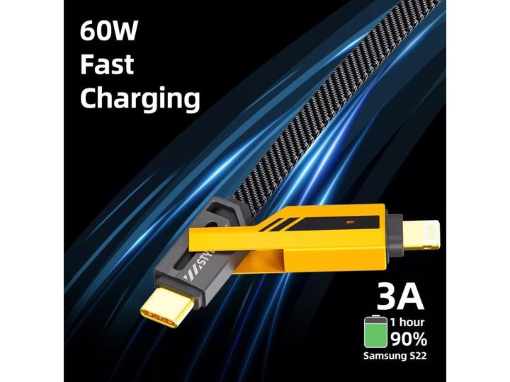 Actual product image Ven-Dens 4-in-1 Flexible & Flip USB-C, Lightning, USB-A 65W, 27W PD cable 1.2m (USB 3.2 Gen 1)