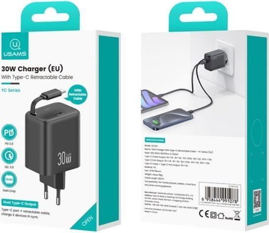 Immagine prodotto Usams Ład. siec. 1xUSB-C ze zwijanym kablem USB-C Retractable PD+QC 30W Gan Fast Charging czarny/bla (30 W)