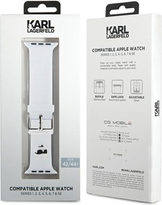 Immagine prodotto Karl Lagerfeld Pasek KLAWLSLCNH Apple Watch 42/44/45mm biały/cinturino bianco 3D Rubber Choupette Head (Acciaio, Silicone, Apple Watch Series 1, Apple Watch Series 2, Apple Watch Series 3)