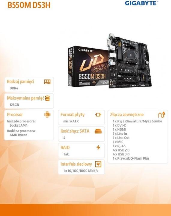 Image du produit Gigabyte B550M DS3H (AM4, AMD B550, mATX)