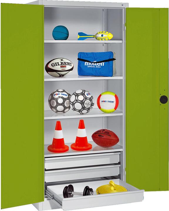 C+P Sportgeräteschrank mit Schubladen (HxBxT: 195x120x50 cm, mit Vollblech-Flügeltüren, Typ 4)