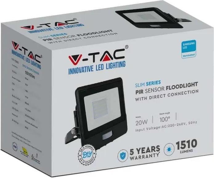 Produktbild V-TAC VT128S 20W LED PIR Sensor Flutlicht SAMSUNG Chip Schwarzer Körper 6500K (1521 lm, IP65)