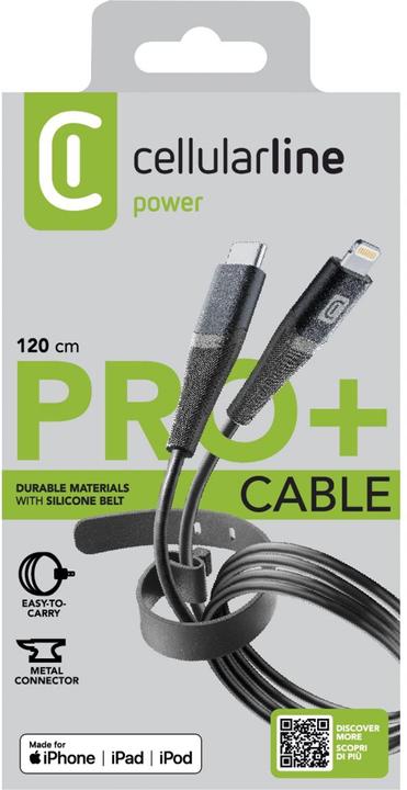 Produktbild Peter Jäckel Cellularline Pro+ Data Cable Belt 1,2m USB Typ-C/ Apple Lightning Black (1.20 m, USB 3.2 Gen 1)