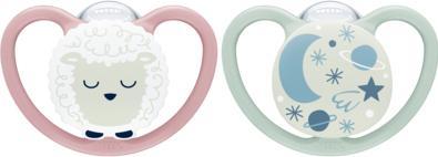 Productafbeelding NUK Space Night siliconen fopspeen 0-6M, 2 stuks, blauw/mint (2 x, tot 6 M.)