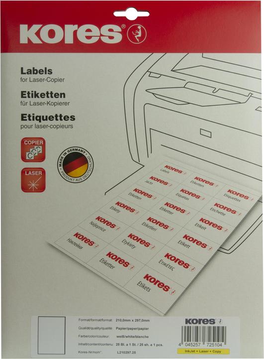 Immagine prodotto Kores Etichette universali, 210 x 297 mm, bianco, 25 fogli