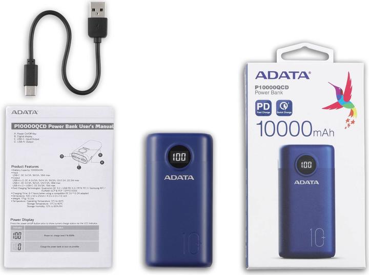 Immagine prodotto Adata P10000QCD (10000 mAh, 22.50 W, 37 Wh)