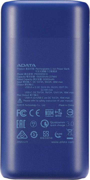 Immagine prodotto Adata P10000QCD (10000 mAh, 22.50 W, 37 Wh)