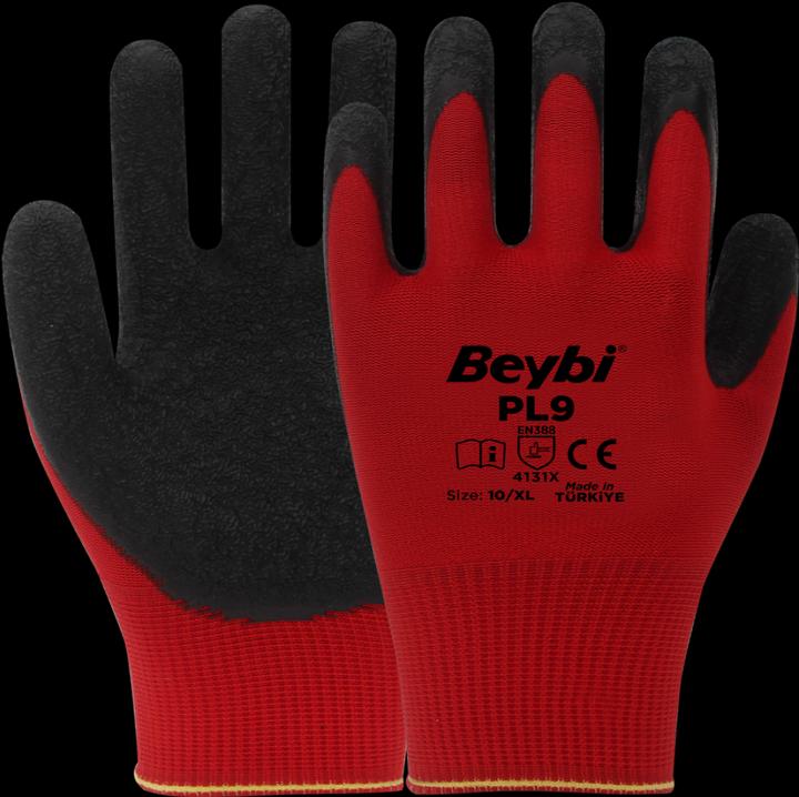Beybi 12 Paar Arbeitshandschuhe, Polyester, Rot und Schwarz (10)