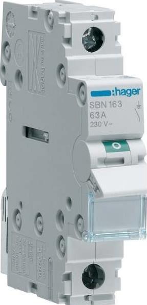 Produktbild Hager SBN163. Nennstrom: 63 A. Internationale Schutzart (IP-Code): IP20. Breite: 17,5 mm, Höhe: 83 mm (Widerstand)