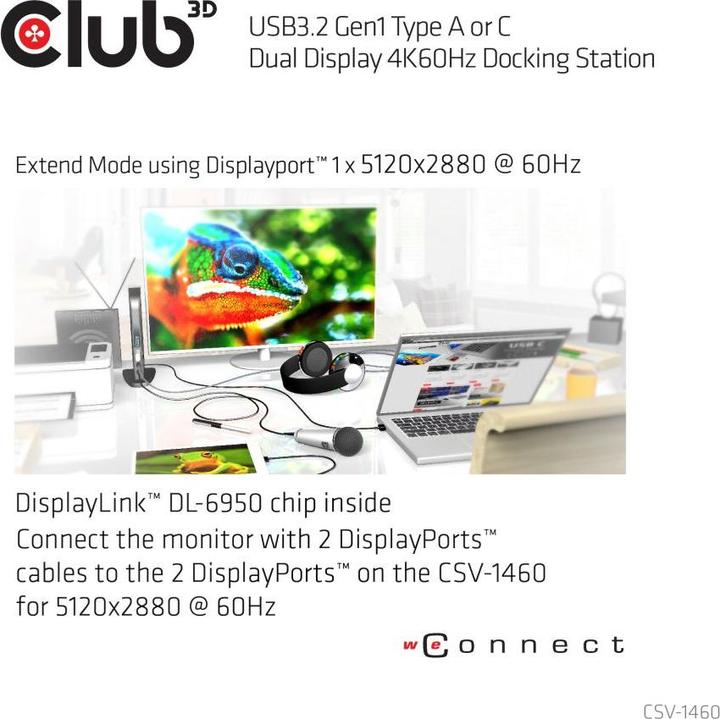 Actual product image Club 3D Dual Display Docking Station 4K60Hz (USB-B, 6 Ports)