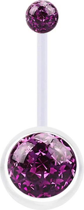 Star Piercing Banane transparent mit zwei Kristall Kugeln violett Epoxy Schutzschicht (Bioflex, ohne Messing)
