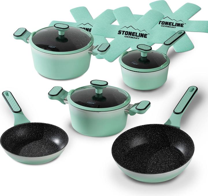 Actual product image Stoneline Mint cookware set 11-piece with lids, coated pots & pans (Pan set + pot set, Ceramic)