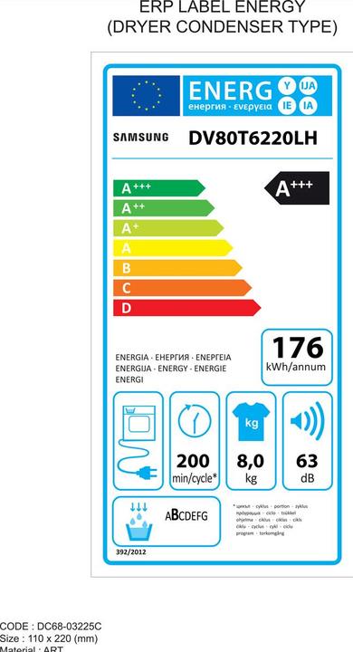 Label énergétique Samsung DV80T6220LH/S5 (8 kg, Modifiable, Droite)