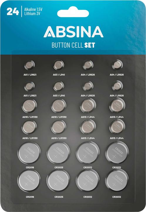 Actual product image Absina Set of 24 button cells alkaline + lithium (24 pcs., CR2032, LR621., CR2016, CR2025, 158 mAh)