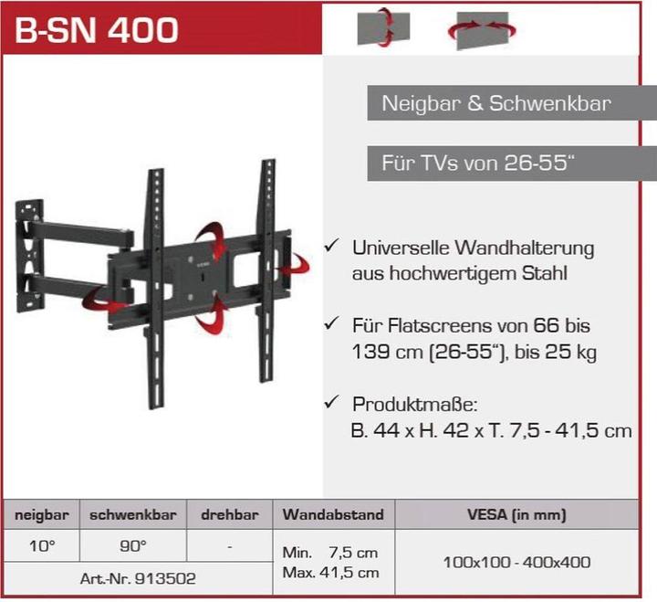 Produktbild VCM TV VESA Wandhalterung B-SN400 neigbar ausziehbar (Wand, 55", 25 kg)