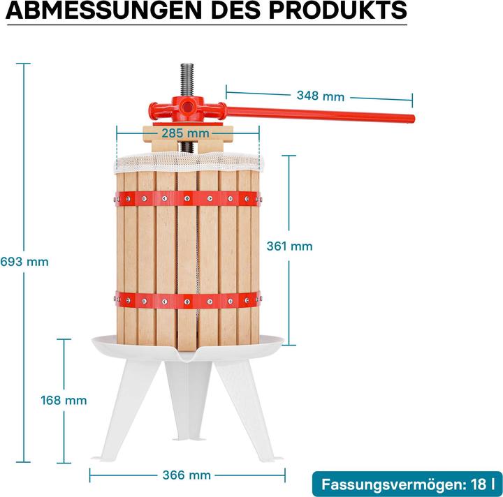 Immagine prodotto Wiltec Set 18L pressa per frutta Panno per la stampa Mulino per frutta 7L pressa per vino Spremiagrumi