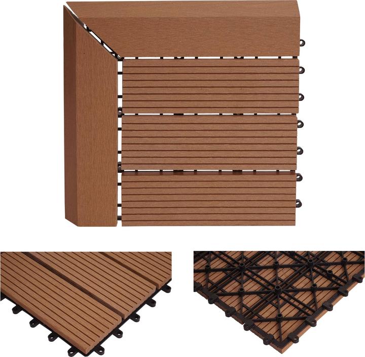 Produktbild Swisshandel24 WPC Eck-Bodenfliese Rhone + Abschluss, Holzoptik Terrasse, 30x30cm Premium Ecke rechts, teak linea (1 x, 30 x 30 cm)