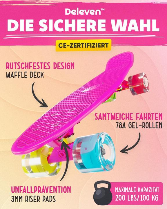 Produktbild Deleven Skateboard mit LED-Rollen für Anfänger (22.05")