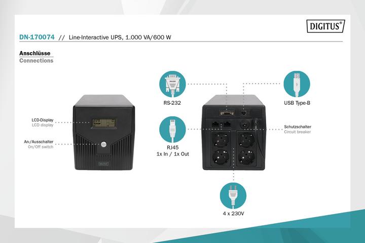 Produktbild Digitus Line Interactive USV 1000VA/600W schwarz mit LCD 4xSchuko RJ11/RJ45 1xRS232 1xUSB AVR H160xB350xT... (1000 VA, 600 W, Line-Interaktiv USV)