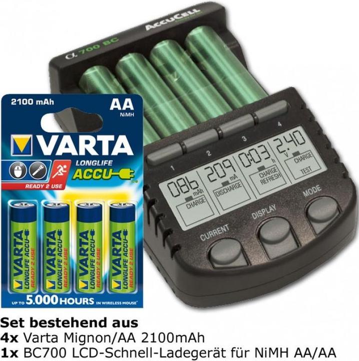 Produktbild AccuCell Schnellladegerät BC-700 ALPHA700 inkl. Akkus mit 2100mAh (1 Stk., AA, 2100 mAh, Ladegerät inkl. Akku)