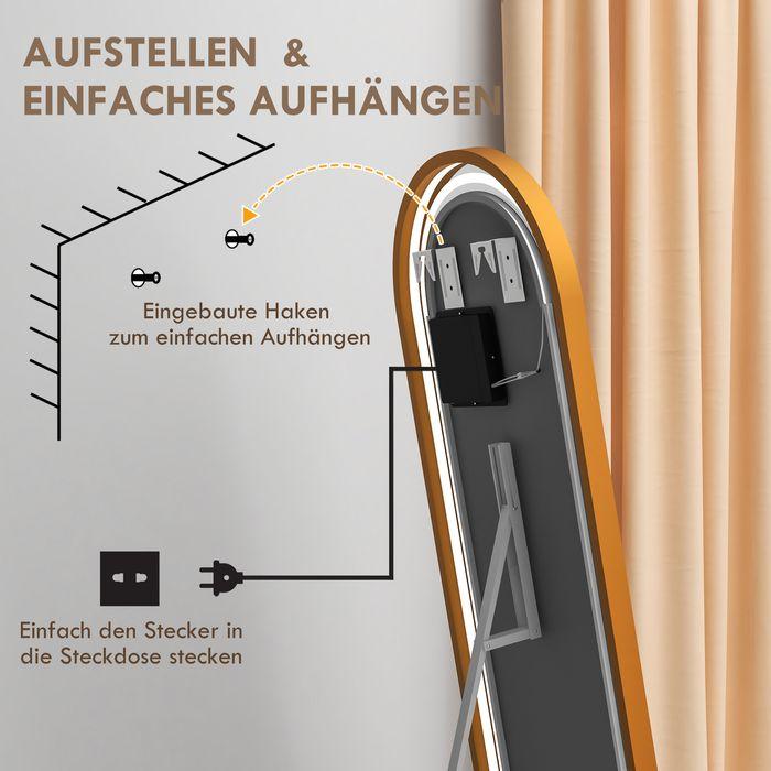 Image du produit Swisshandel24 Miroir intégral, 47 x 146 cm Miroir mural avec support, miroir sur pied avec lampe LED, variateur (50 x 151.5 cm)