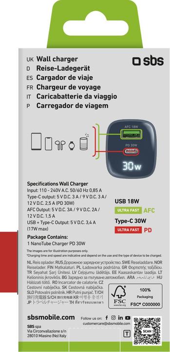 Label énergétique SBS Chargeur mural avec écran LCD, 1 sortie USB-C PD 30W, 1 sortie USB-A 18W (30 W)