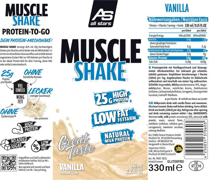 Nährwerte und Zutaten All Stars Muscle Shake (330ml) (Vanille, 1 Stk., 350 g)